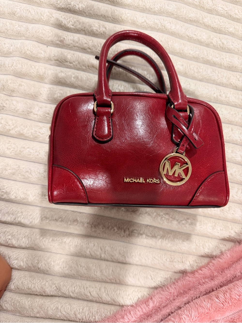 Michael Kors Burgundy Leather Satchel with Gold MK Charm